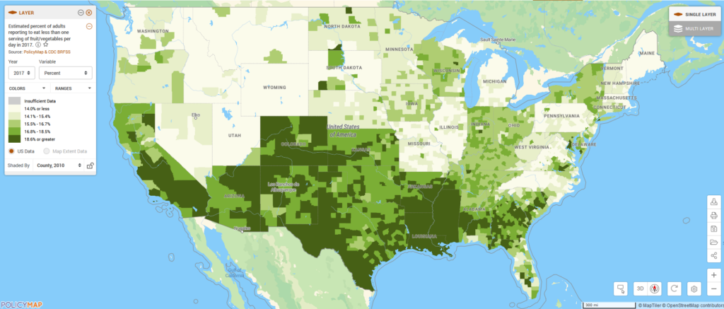Map of United States shows estimated percent of adules reporting to eat less than one serving of fruits/vegetables per day in 2017. Majority of counties in the south and southwest have the highest percentages.