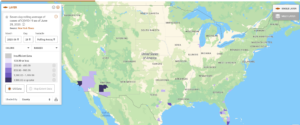 Map of specific counties within Florida, Texas, Arizona and California with high 7-day rolling averages of cases of COVID-19.