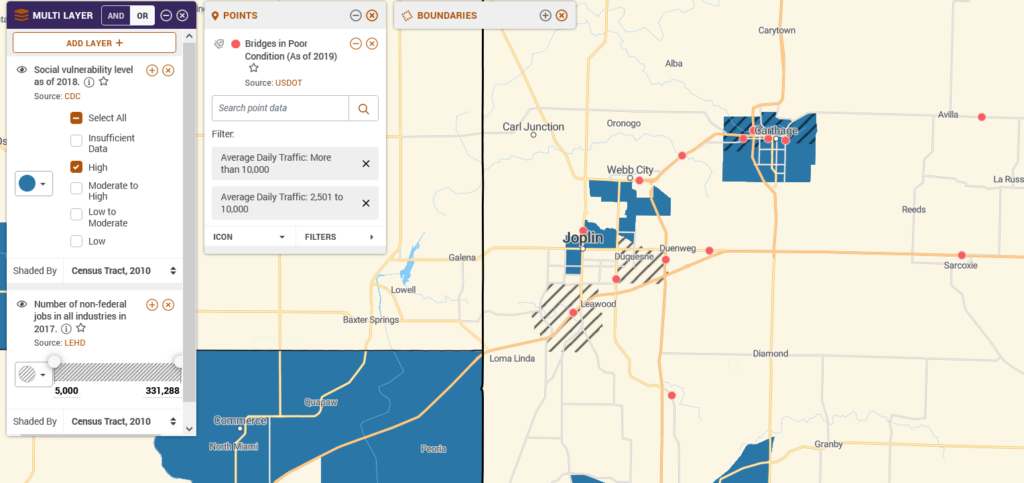 Map shows Joplin, MO overlayed with social vulnerability levels, number of non-federal jobs in all industries, and bridges in poor conditions.
